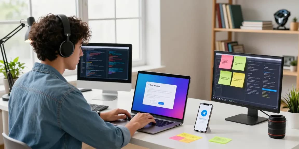 Demonstrating Telegram download in a modern workspace with vibrant elements.