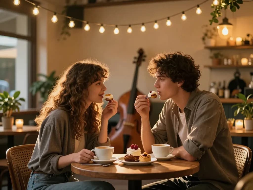 A young couple enjoying coffee and dessert, showcasing what it feels like to have a crush on someone in a cozy café.