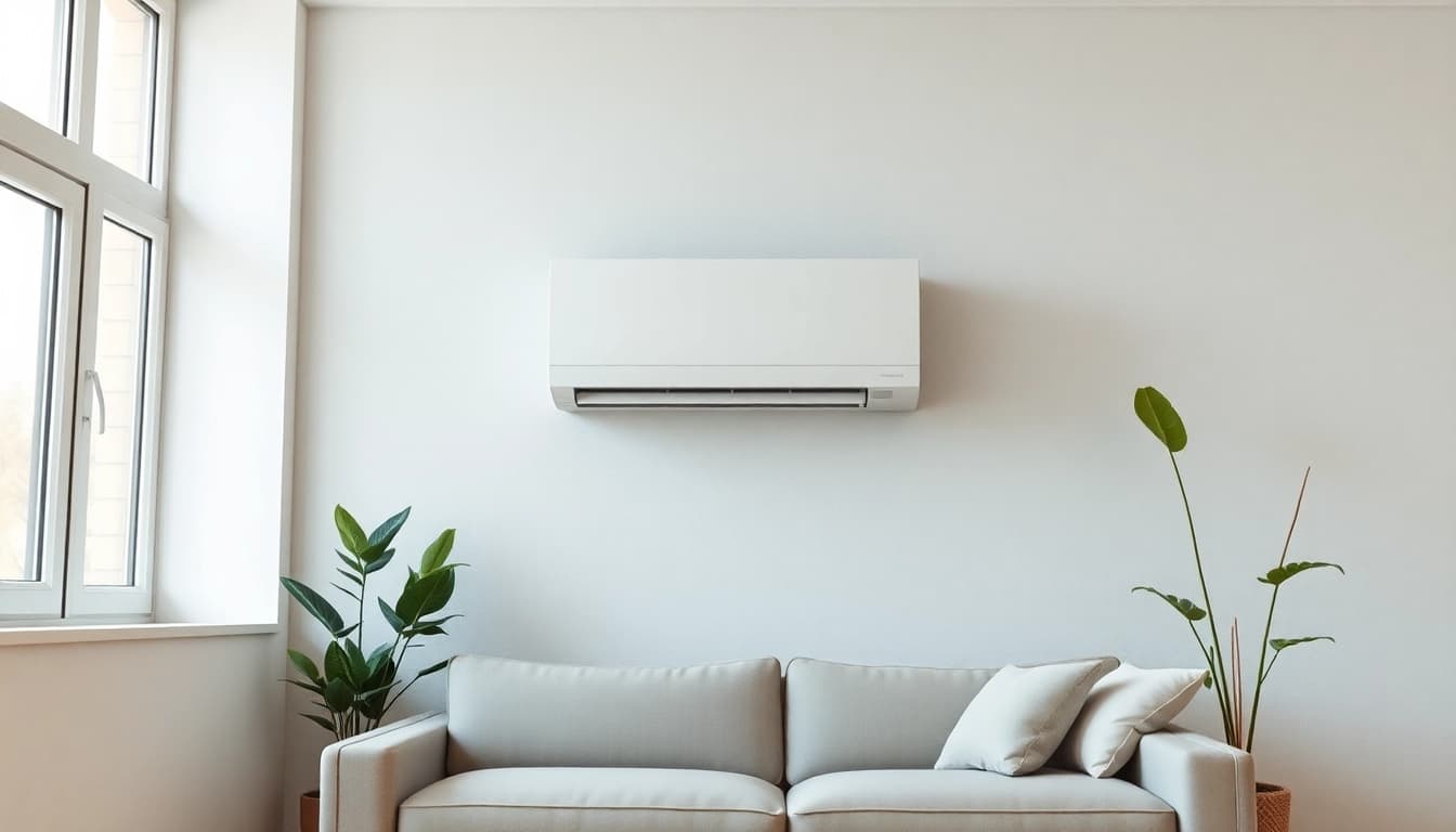 Install a mitsubishi mini split ac unit elegantly mounted on a modern wall with natural light.