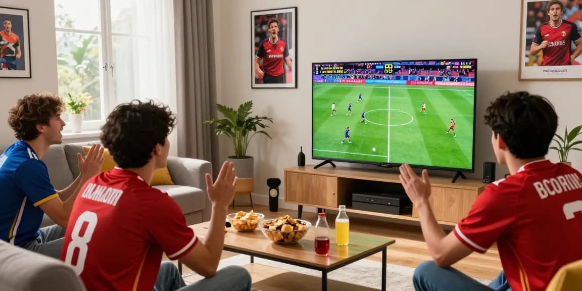 Excited fan watching multicanais soccer streaming in a lively living room.