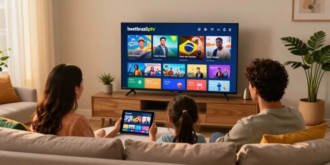 Família aproveitando o melhor do bestbraziliptv em uma sala aconchegante com TV e tablet.