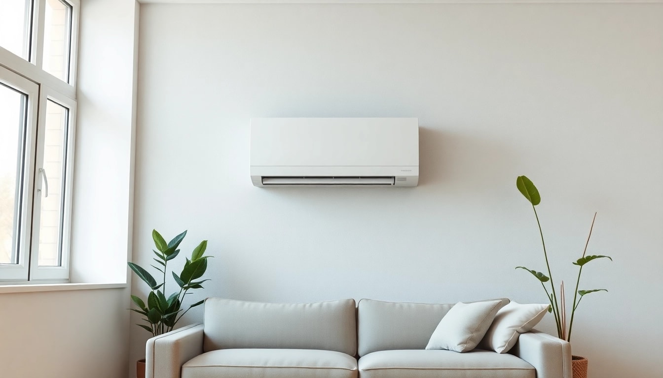 Install a mitsubishi mini split ac unit elegantly mounted on a modern wall with natural light.