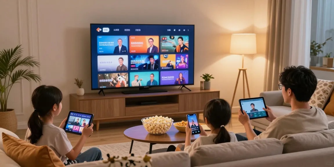 Família assistindo IPTV em casa, sofá aconchegante e iluminação suave.