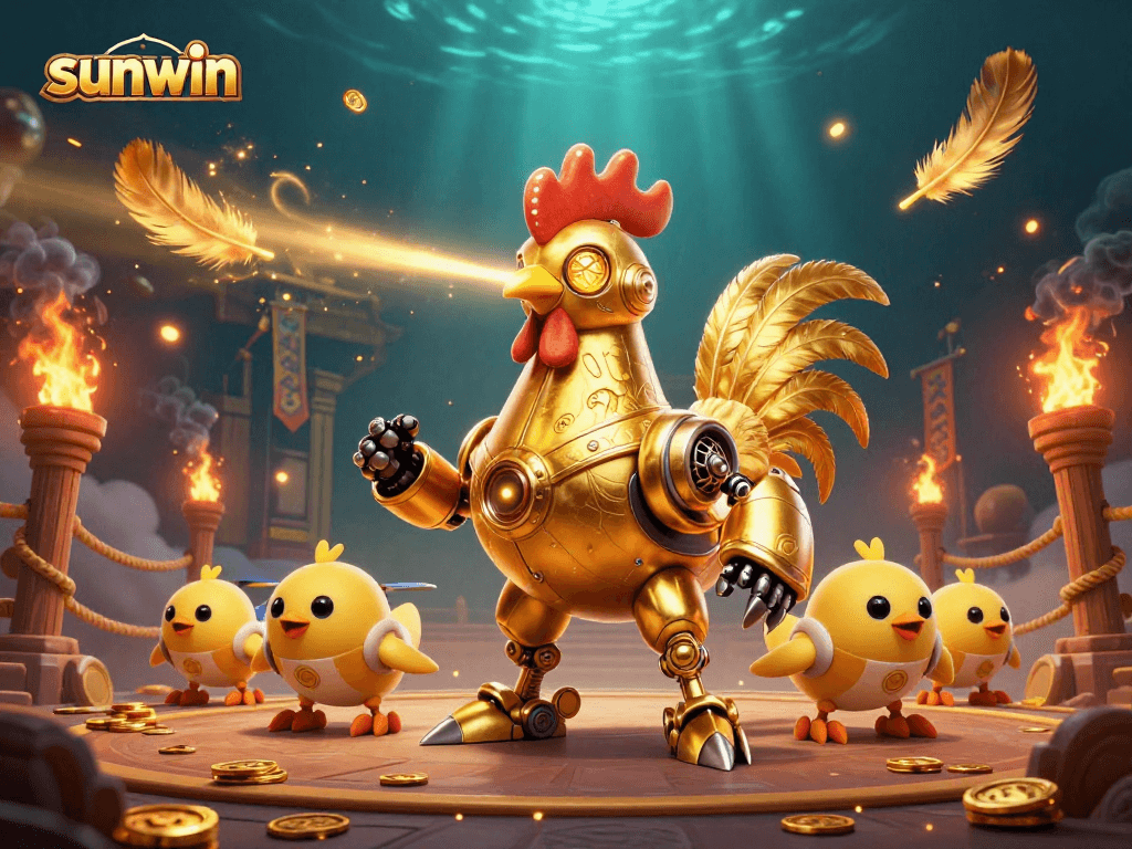 sunwin showcases a golden rooster robot and baby chick drones in a vibrant casino scene