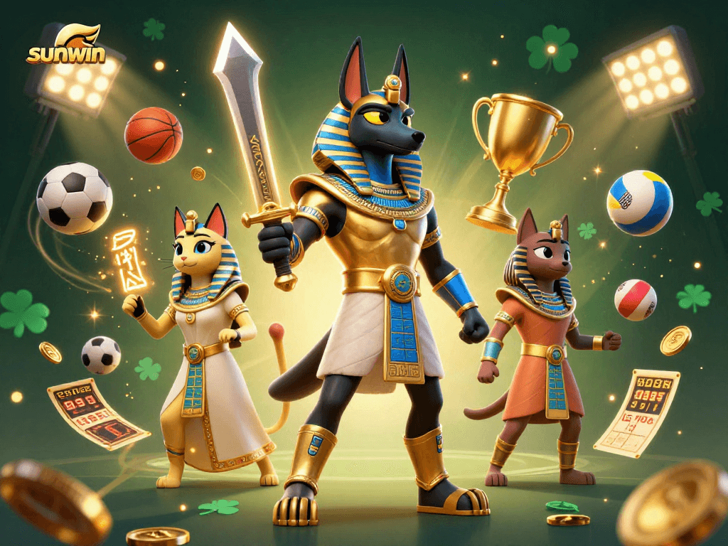 Sunwin sports betting scene featuring Anubis and Bastet in a dynamic casino environment.