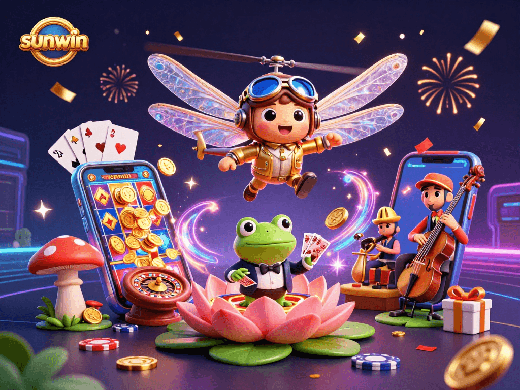 sunwin offers a vibrant casino experience with a dragonfly pilot and frog dealer amidst jazz musicians.