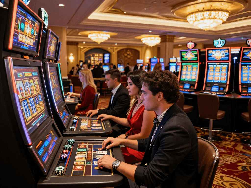 Thrilling casino scene at https://vin88-casino.games/ with players engaged at vibrant slot machines in a luxurious atmosphere.
