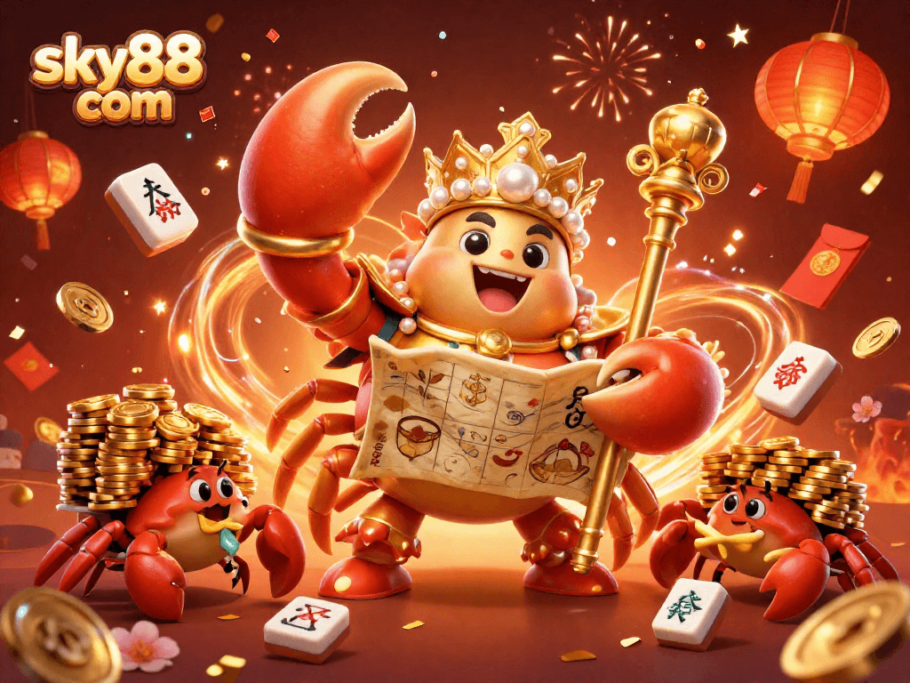 Experience excitement on sky88 com with a vibrant 3D casino scene featuring a golden crab emperor and festive elements.