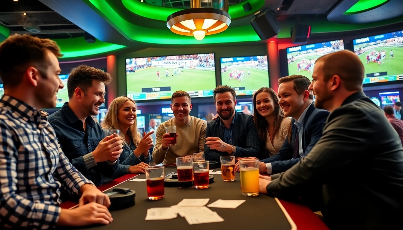 Pari sur rugby à des paris sportifs dans un casino animé avec des amis.