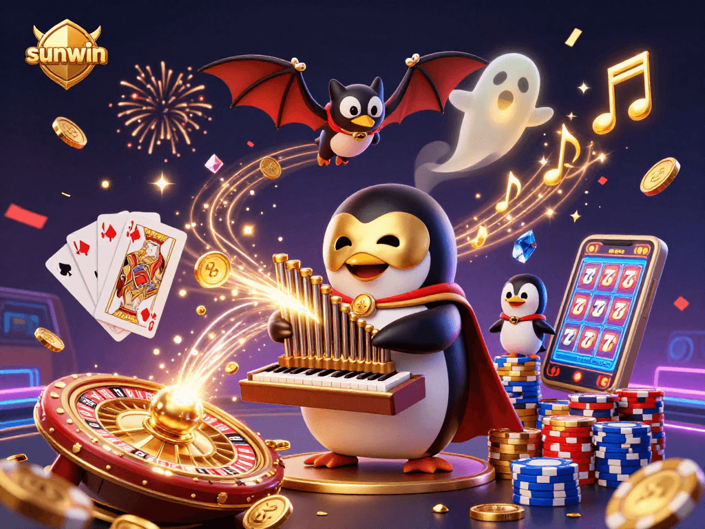 Experience sunwin's captivating casino excitement with a charming penguin and vibrant gaming elements.