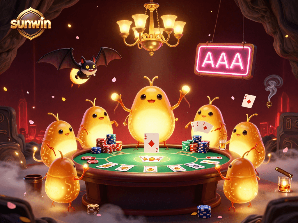 Experience the excitement of sunwin at a vibrant cave casino with animated glowworms and a bat dealer.