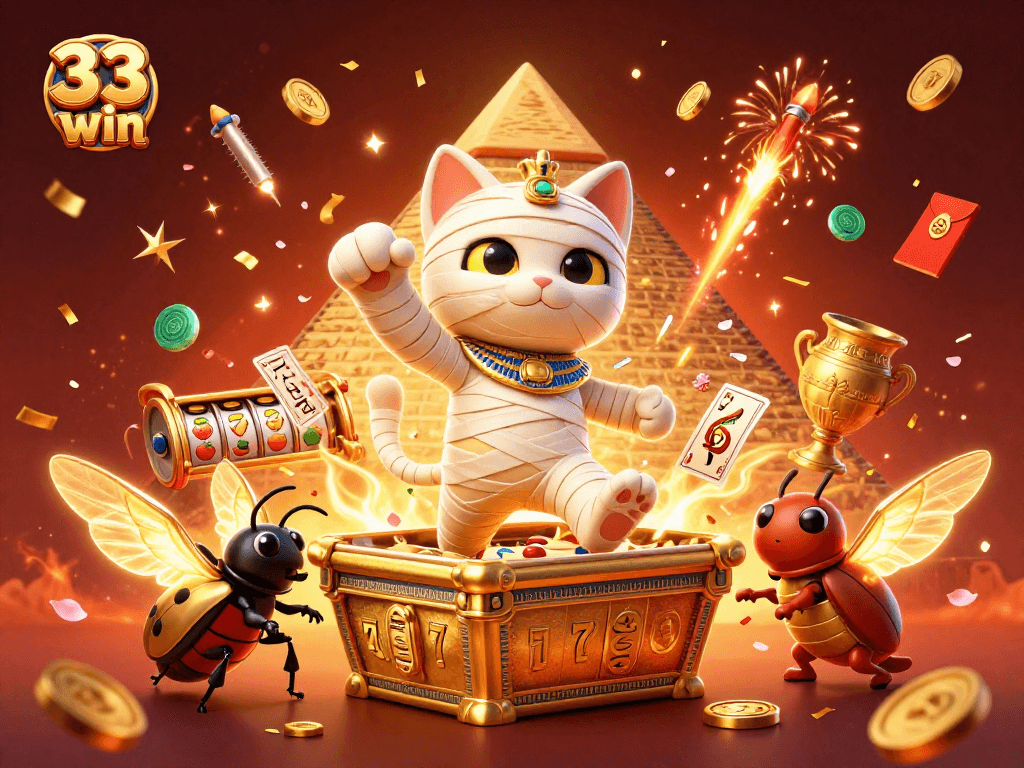 Experience the thrill of 33 win with vibrant casino elements, including Egyptian themed characters.