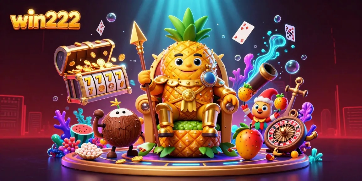 Spin and win with the win222 golden pineapple king and his vibrant casino companions, showcasing slot reels and casino action.