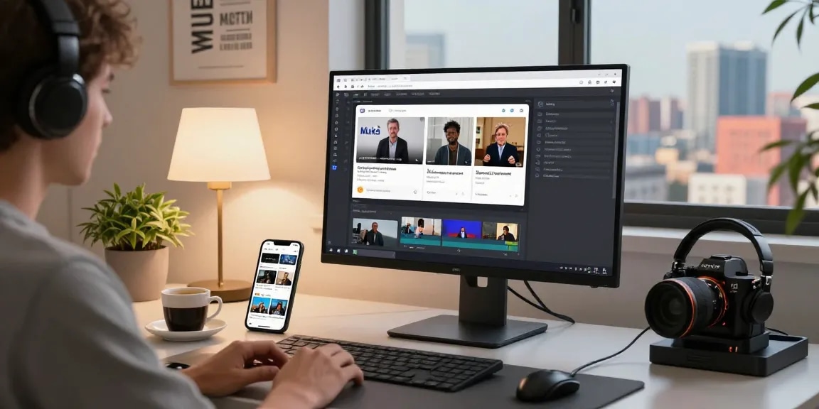 Baixar vídeo por link usando o aplicativo Muka, usuário em ambiente de trabalho moderno.
