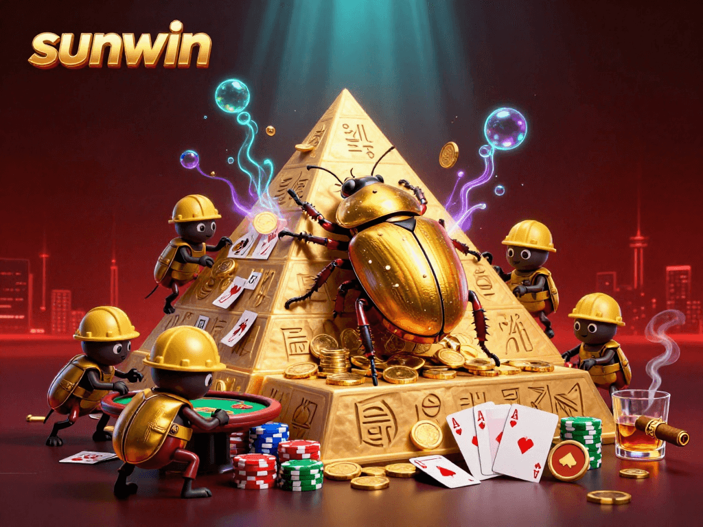 Experience the thrilling gambling adventure with sunwin as gold coins and beetles animate a casino pyramid.