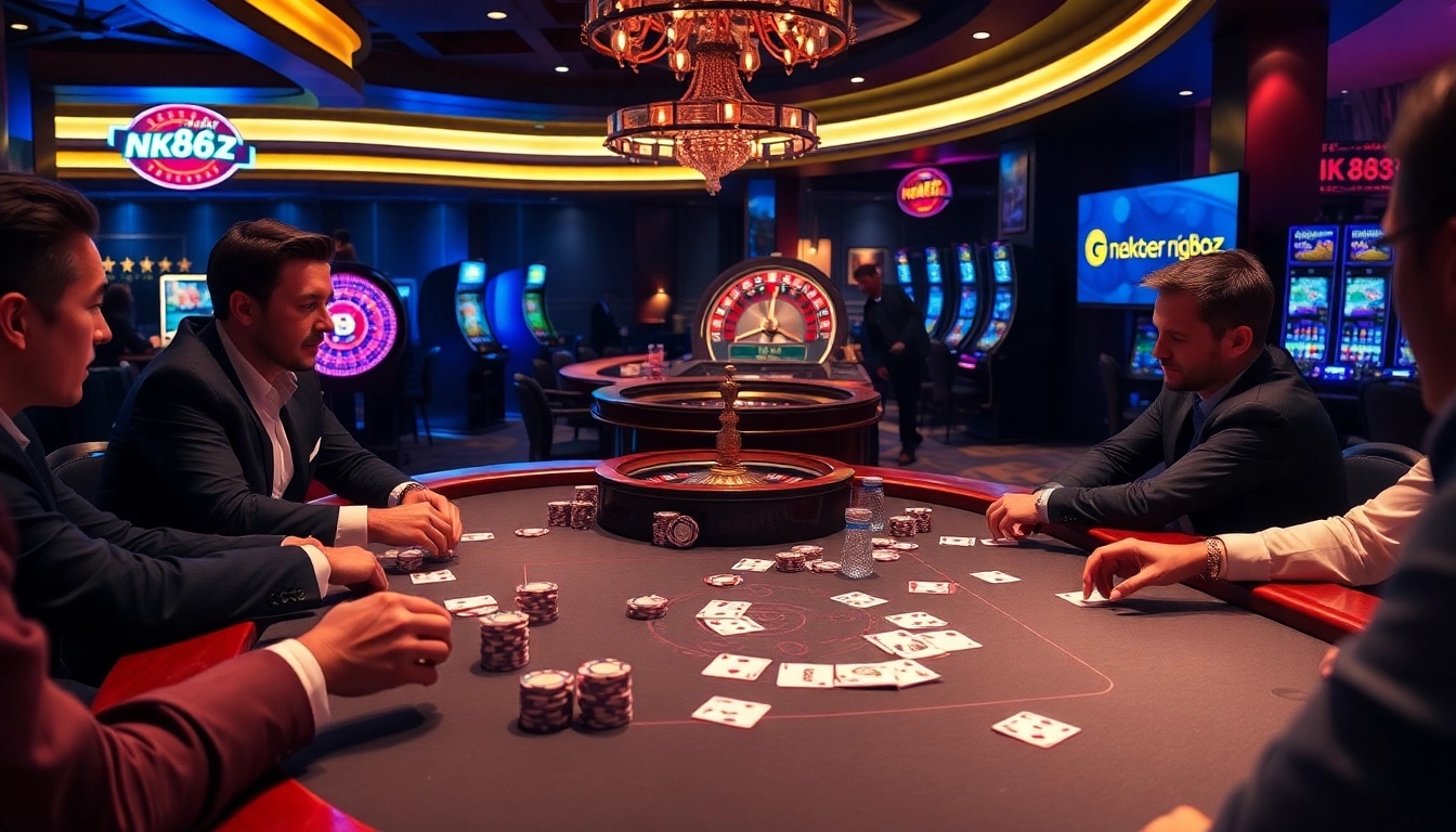 Gamblers enjoying poker at a luxurious casino table, highlighting https://nk88z.com/ for an immersive betting experience.