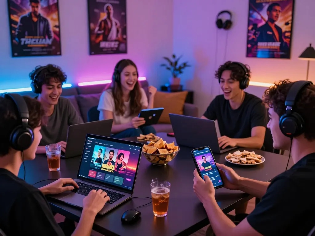 Players enjoying free porn games on various devices in a vibrant gaming setup.