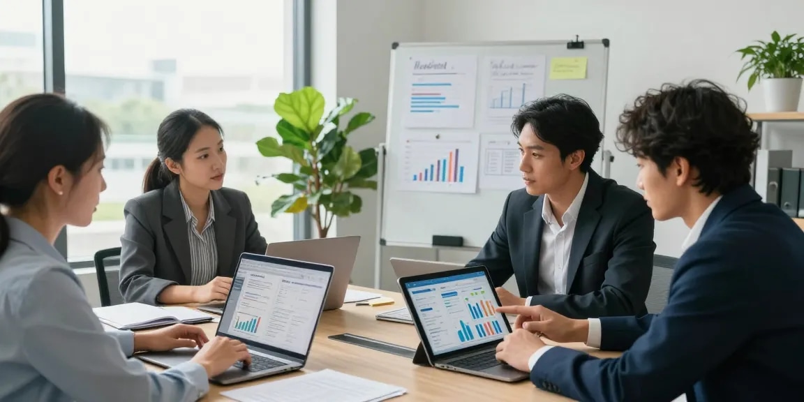 Equipe discutindo estratégias de marketing multicanais em ambiente de escritório moderno.