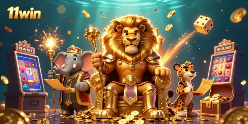 Play exciting games with 11win in a vibrant casino world featuring rich graphic elements.