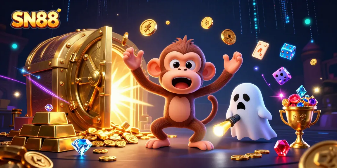 Bet big with SN88 as the poltergeist monkey juggles golden treasures in a haunted casino.