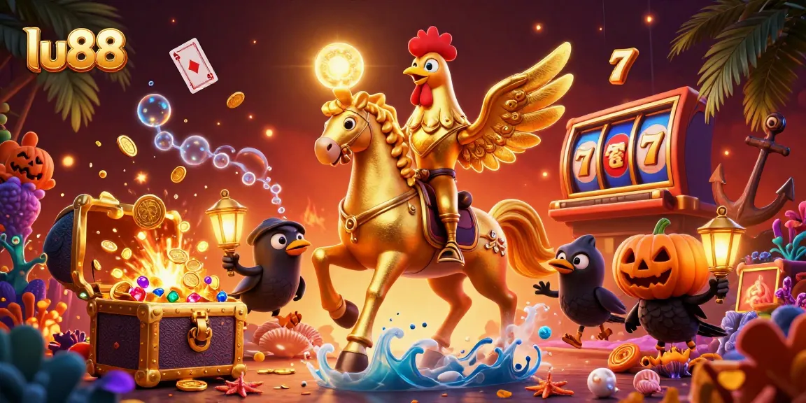 Experience the thrilling allure of lu88 with a vibrant 3D casino illustration showcasing dynamic gaming elements and characters.