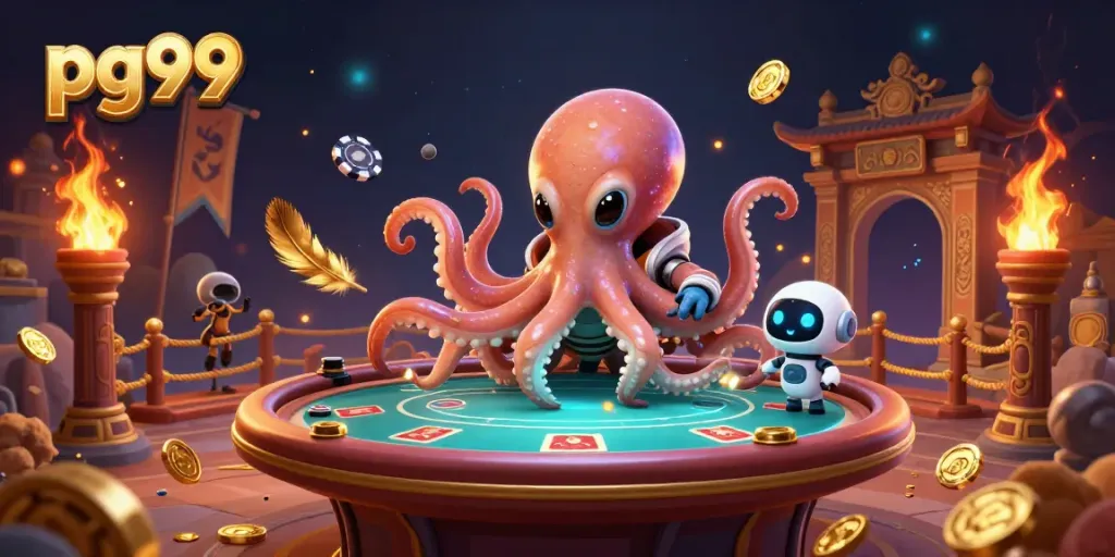 Engaging gambling scene with pg99, featuring a cartoon alien octopus running a poker table amidst floating chips and vibrant elements.