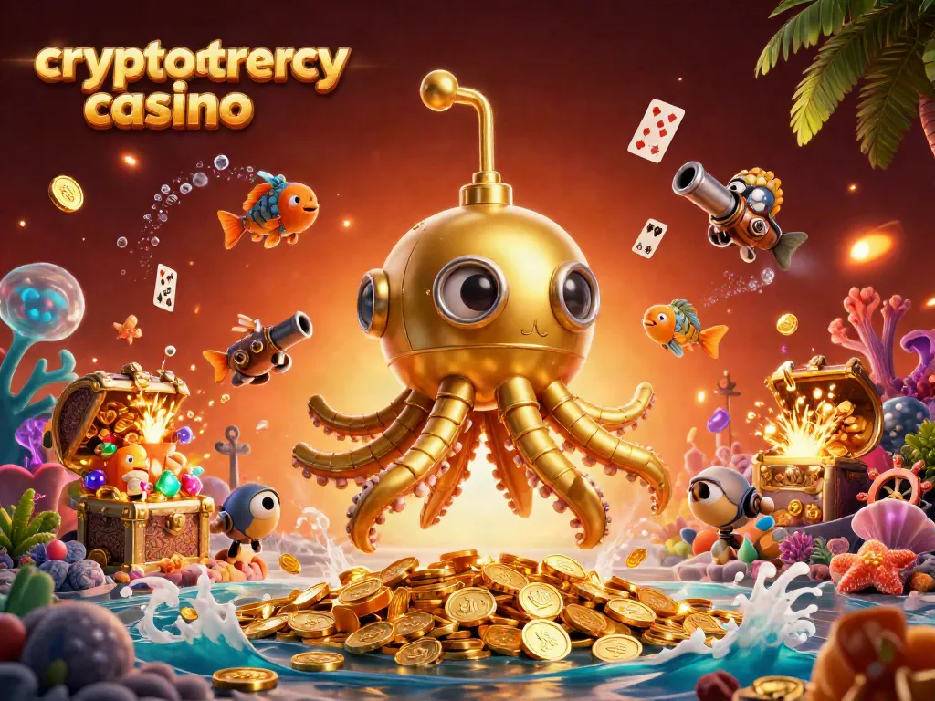 Experience excitement at the cryptocurrency casino with a vibrant scene of a kraken submarine amidst golden coins.