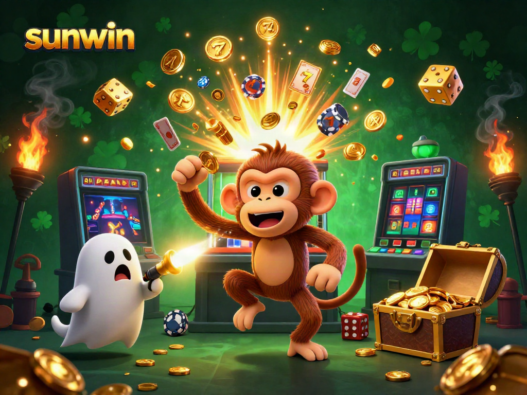 Experience the thrill of sunwin with a playful ghost-hunter puppy tracking a mischievous poltergeist monkey in a lively casino scene.