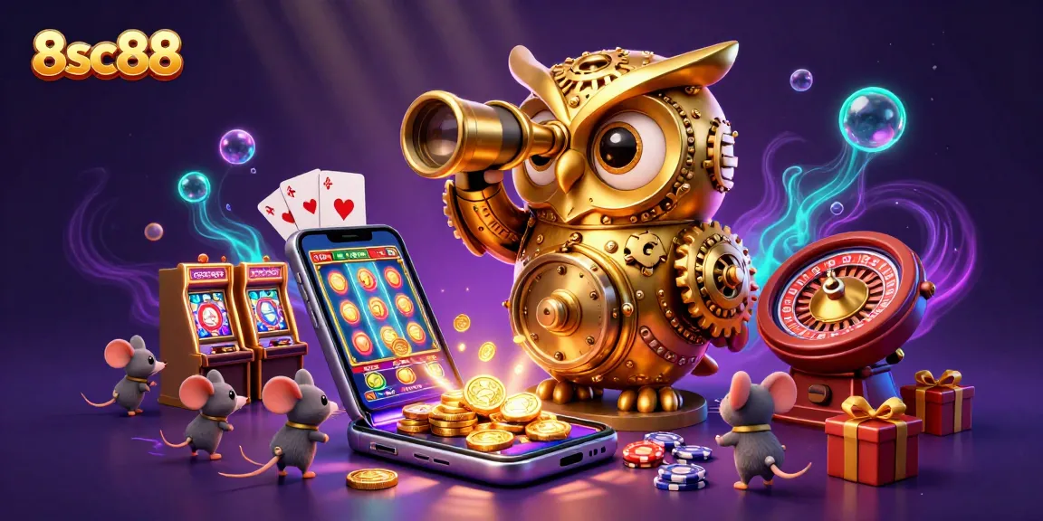 Experience the thrill of 8sc88, gambling amidst golden owls and animated slot games in a vibrant casino scene.
