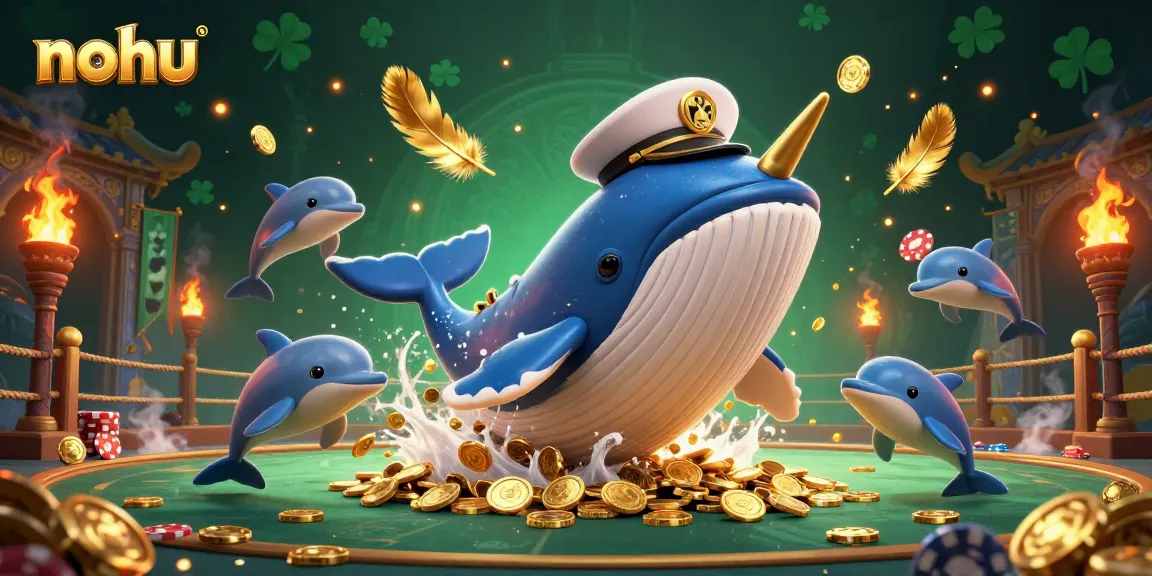 Nohu showcases a dazzling 3D casino world with a whale breaching through gold coins.