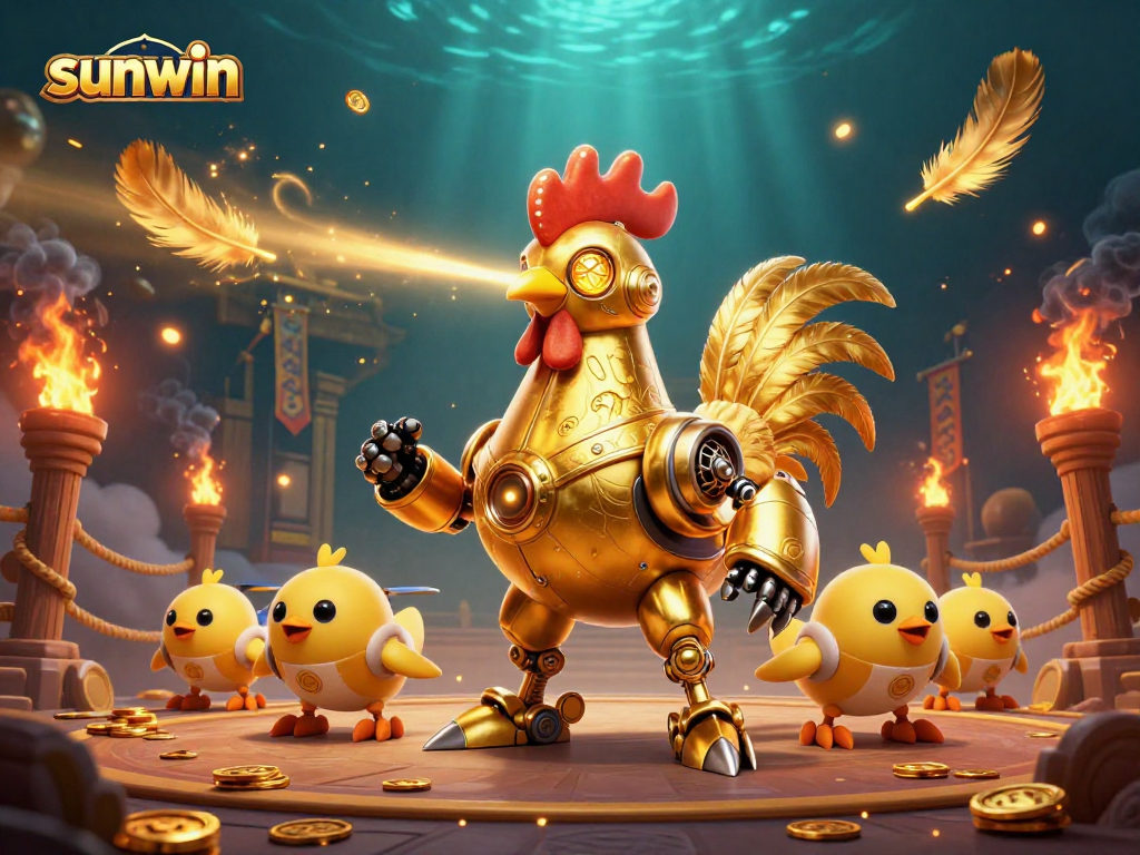 sunwin showcases a golden rooster robot and baby chick drones in a vibrant casino scene
