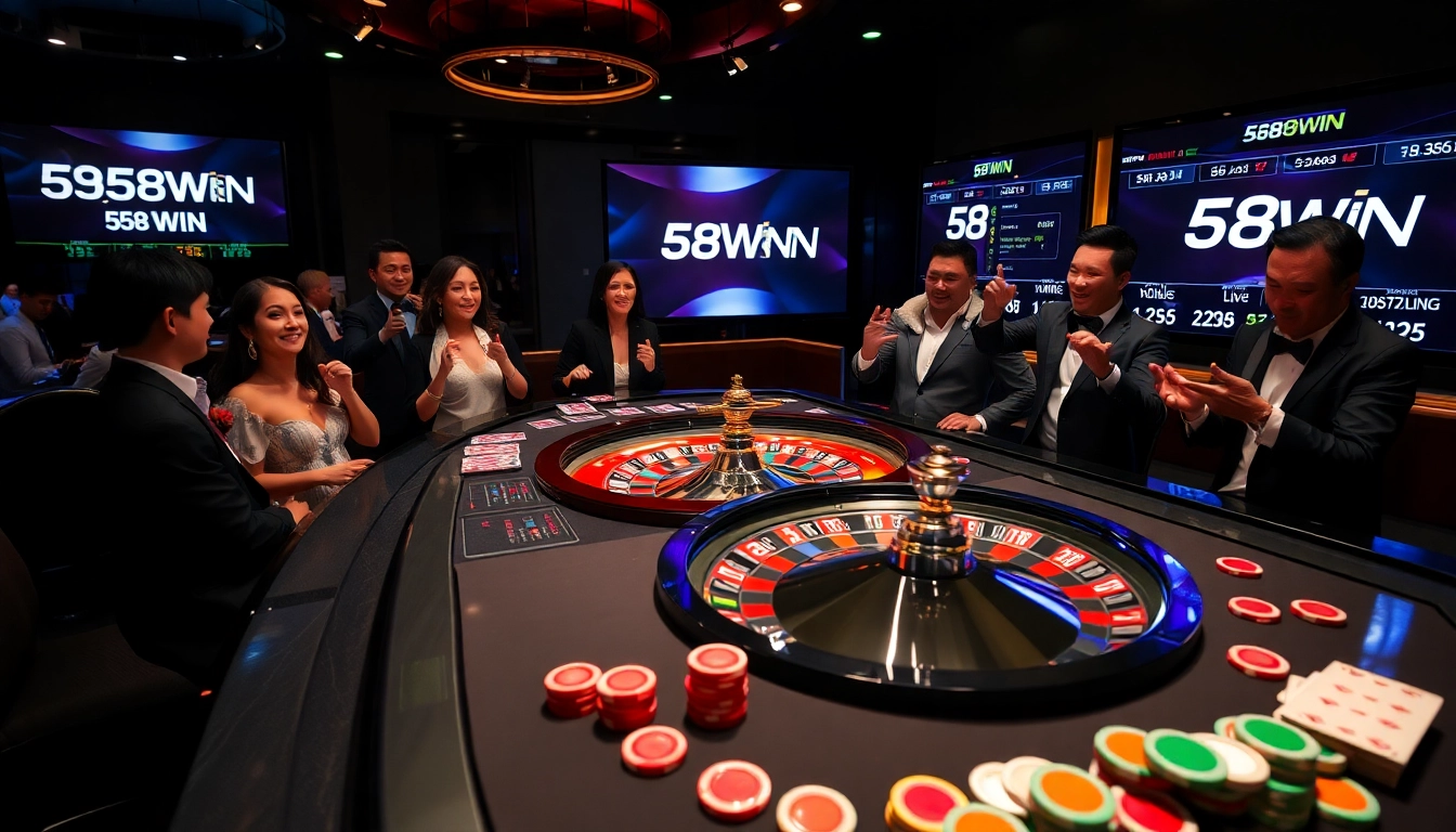 Experience the thrill of 58WIN gaming with vibrant playing cards and chips on a luxury casino table.
