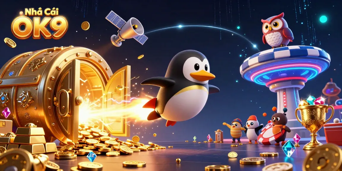 Experience the thrilling world of Nhà Cái OK9 as a golden penguin flies to a casino space station surrounded by treasure.