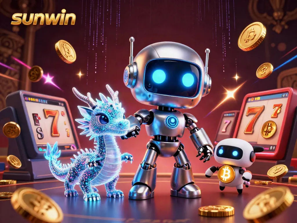 Experience the excitement of sunwin casino with a dynamic illustration of a cyberpunk robot and vibrant jackpot elements.