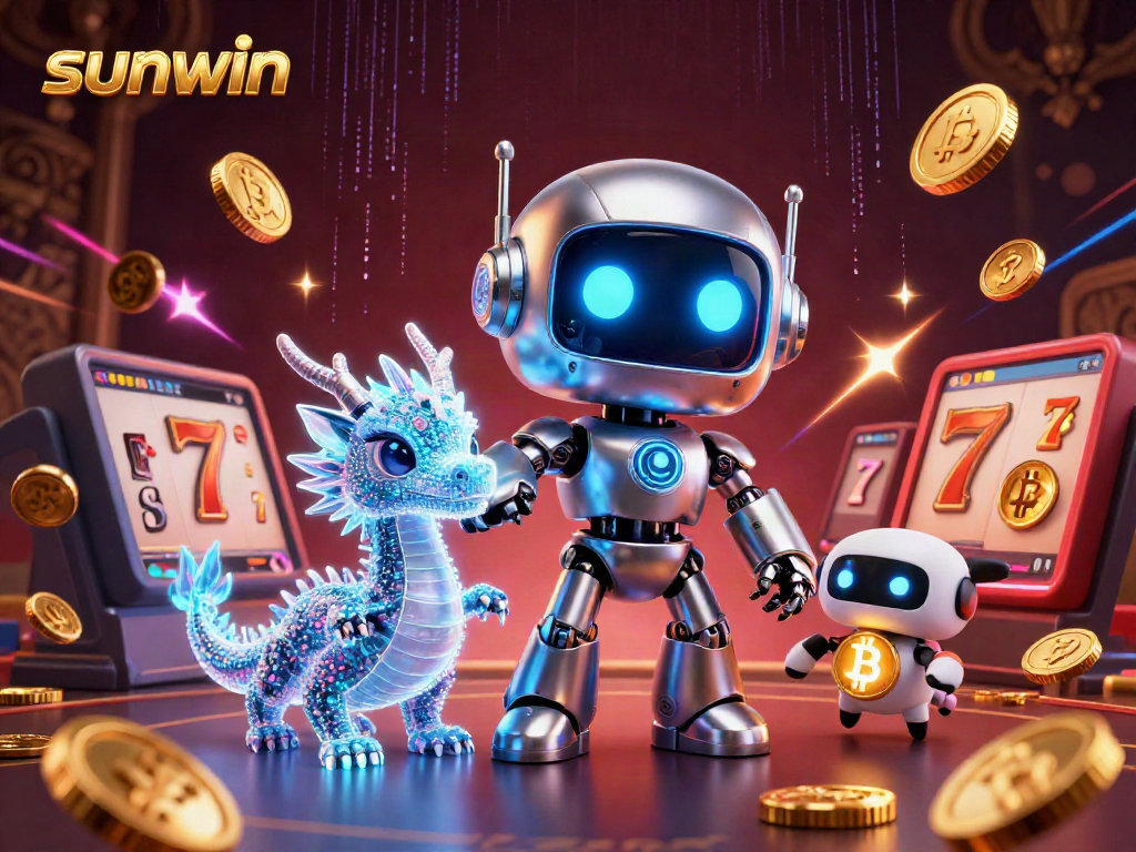 Experience the excitement of sunwin casino with a dynamic illustration of a cyberpunk robot and vibrant jackpot elements.