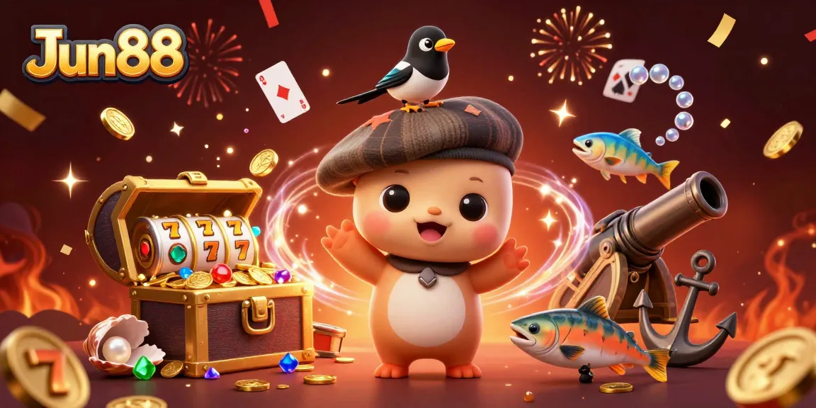 Spin the reels at Jun88 with fun characters and vibrant slot elements in this engaging casino scene.