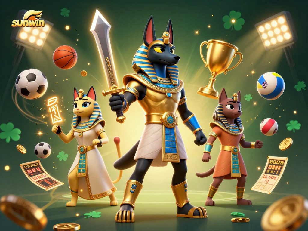 Sunwin sports betting scene featuring Anubis and Bastet in a dynamic casino environment.
