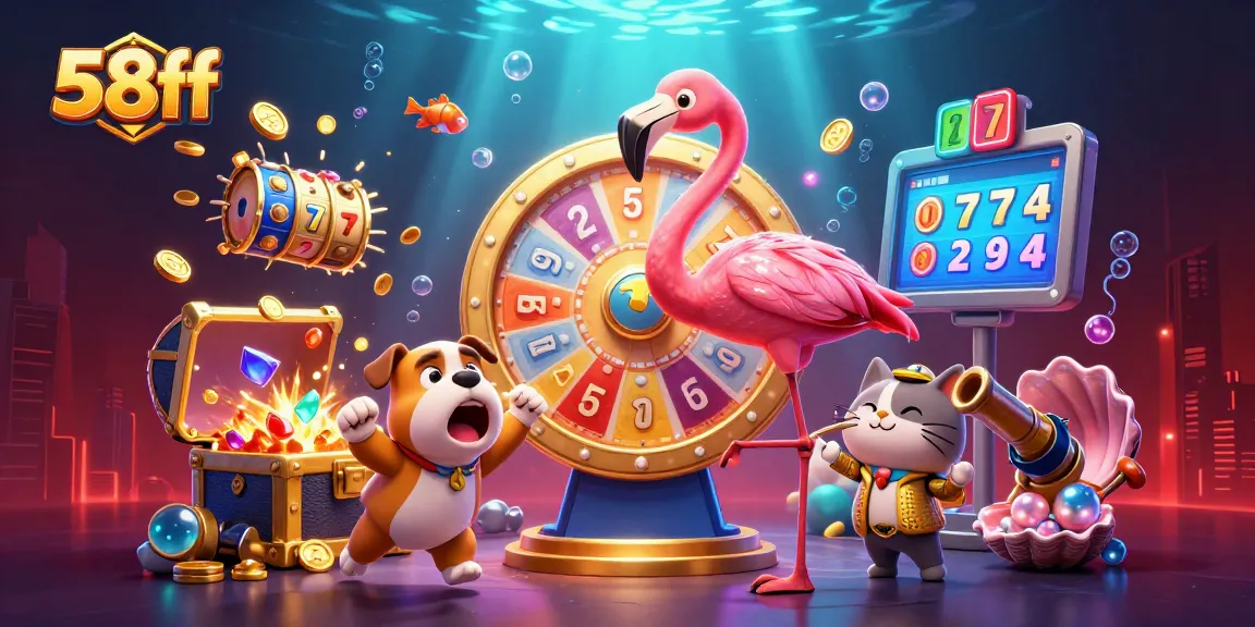 Experience the excitement of 58ff with a 3D carnival featuring a flamingo host, bulldog contestant, and vibrant slot symbols.