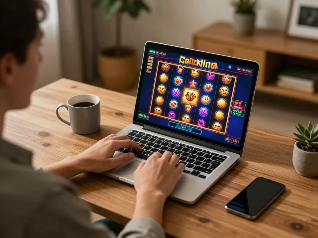 Person enjoying online gaming at home on rikvip platform, laptop screen showing slots game in action