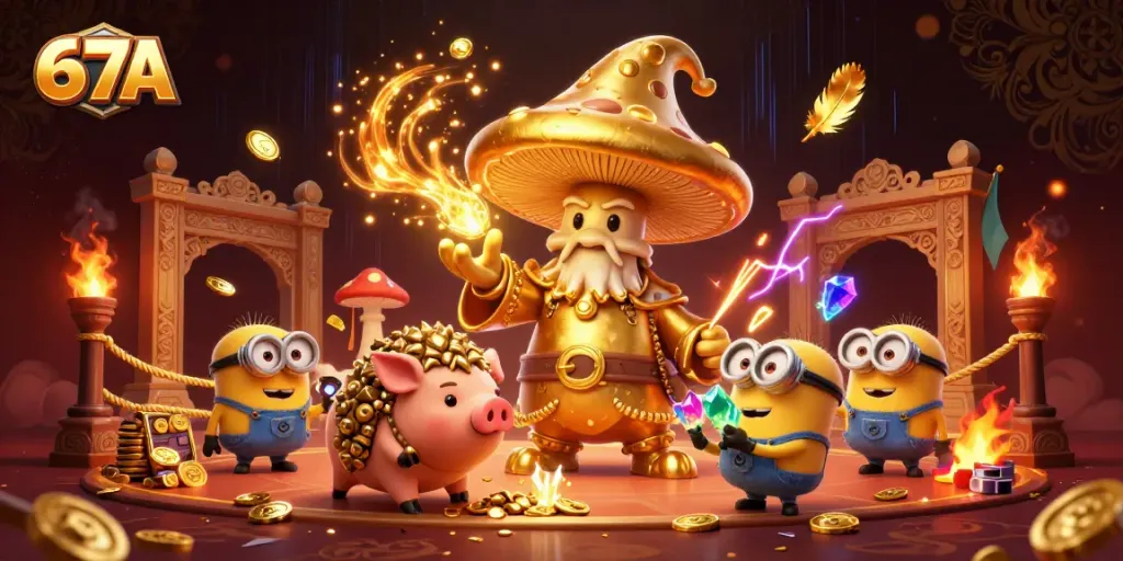 Experience thrilling wins with 67A casino's magical treasure hunt featuring golden elements and enchanting characters.