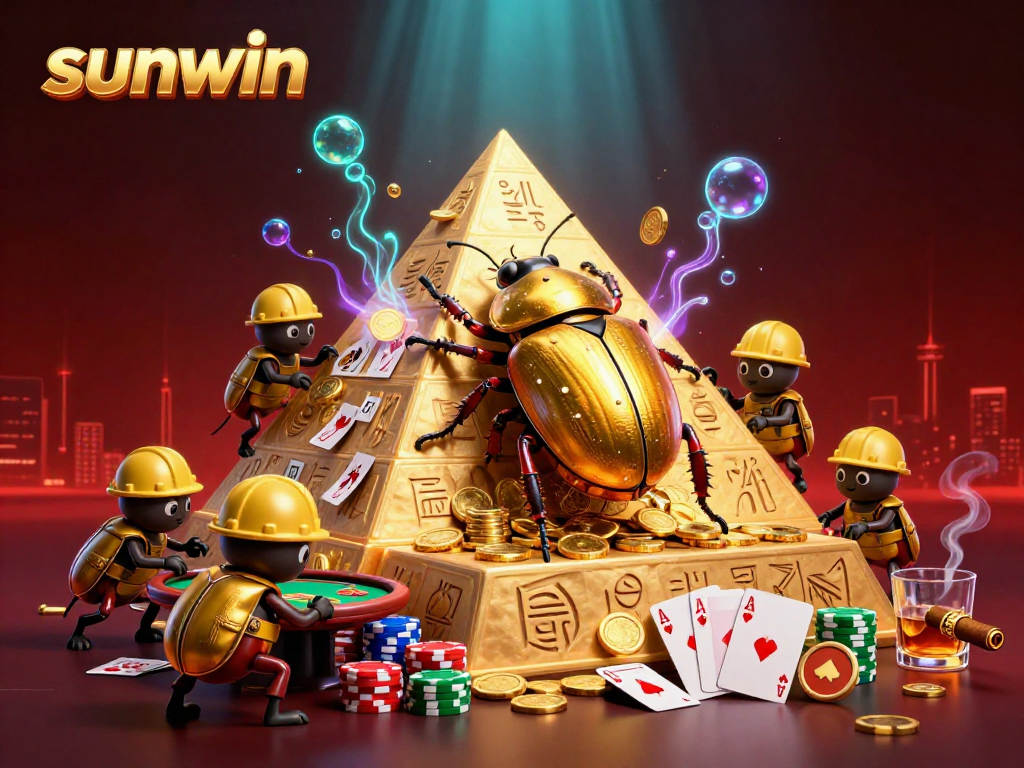 Experience the thrilling gambling adventure with sunwin as gold coins and beetles animate a casino pyramid.