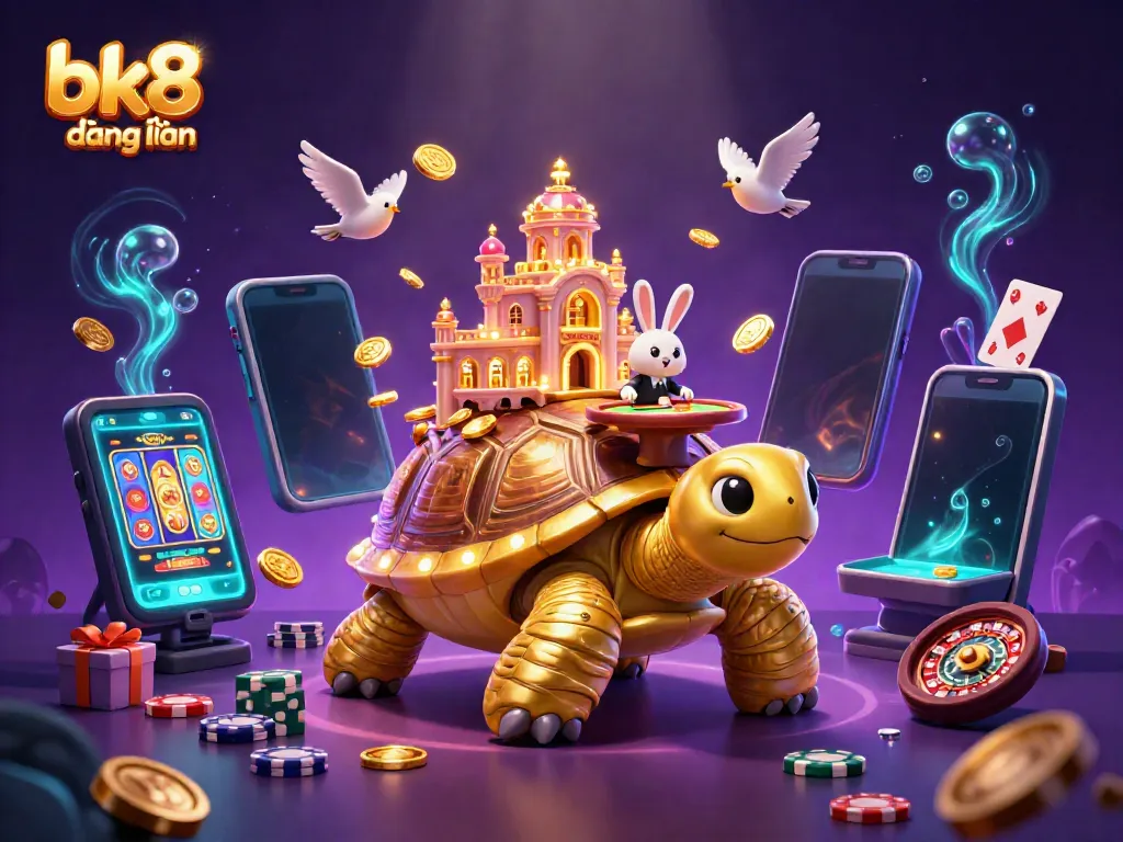 Engaging scene showcasing bk8 đăng nhập with a golden tortoise casino and dynamic gaming elements.