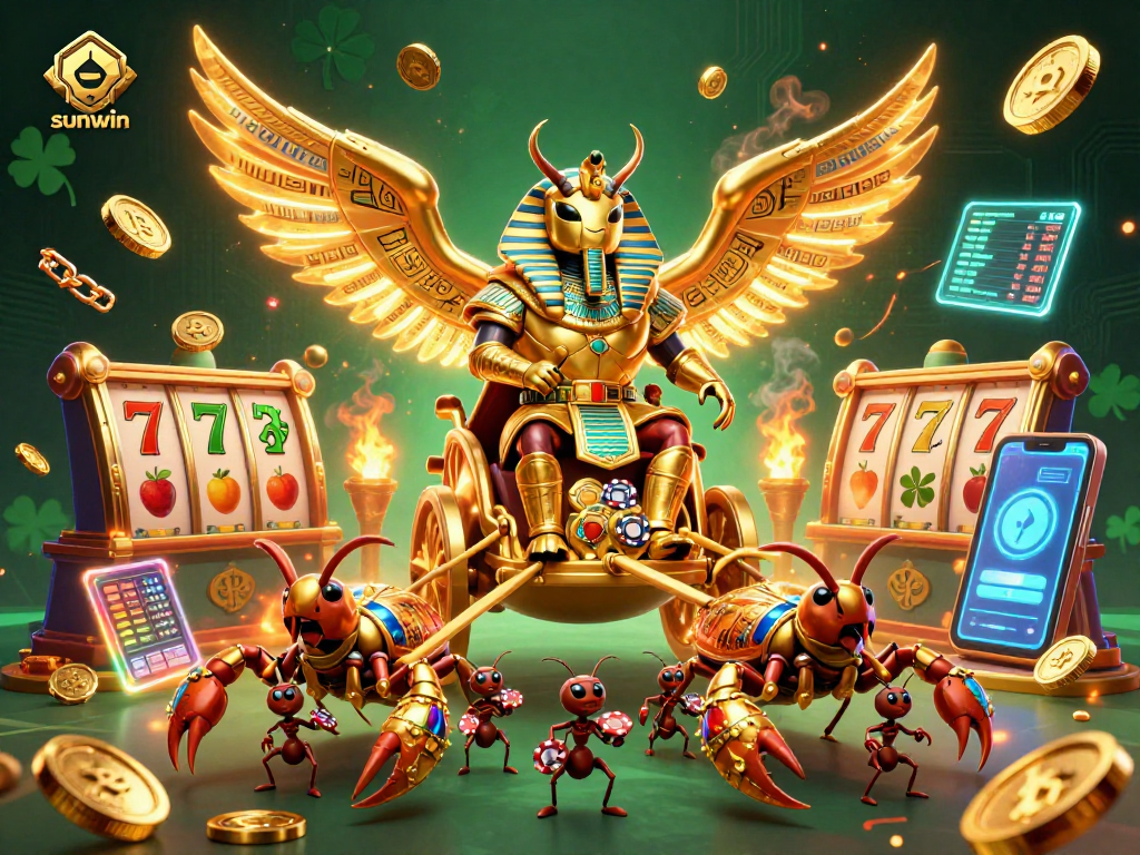 Engage with sunwin on a vibrant casino scene featuring a golden scarab beetle, scorpions, and slot reels.