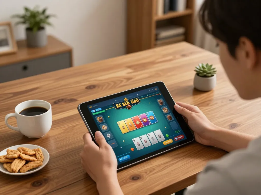 Engaging in game bài đổi thưởng with a tablet in a cozy home setting.