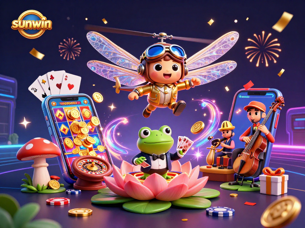 sunwin offers a vibrant casino experience with a dragonfly pilot and frog dealer amidst jazz musicians.