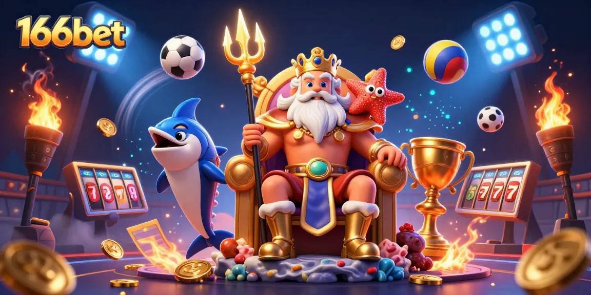 166bet offers a vibrant illustration showcasing Neptune, sports balls, and casino elements.