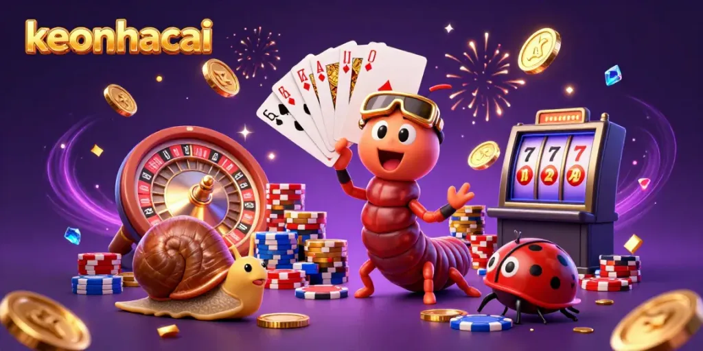 Experience thrilling gameplay with keonhacai, featuring a cartoon dealer, colorful chips, and exciting casino elements.