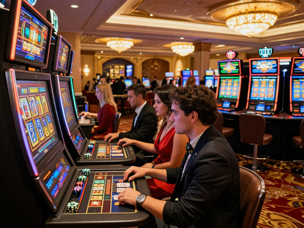Thrilling casino scene at https://vin88-casino.games/ with players engaged at vibrant slot machines in a luxurious atmosphere.