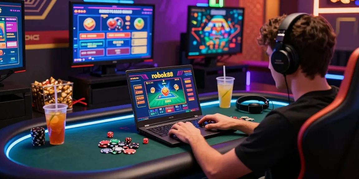 Engaging scene with a gambler using rokok88 link alternatif on a laptop amidst colorful gaming accessories.