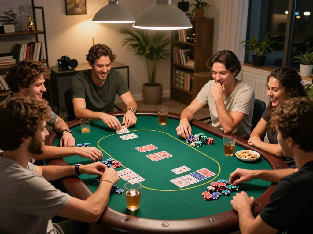 Friends enjoying a fun poker night at home, showcasing lively gameplay and interaction with 75W poker chips and cards.